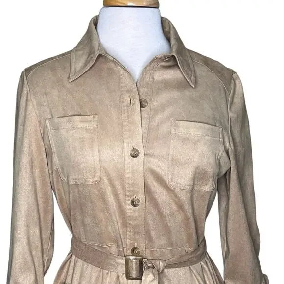 Talbots Petites Women’s Tan Faux Suede Belted Shirt Dress Size 8 EUC - Picture 2 of 12